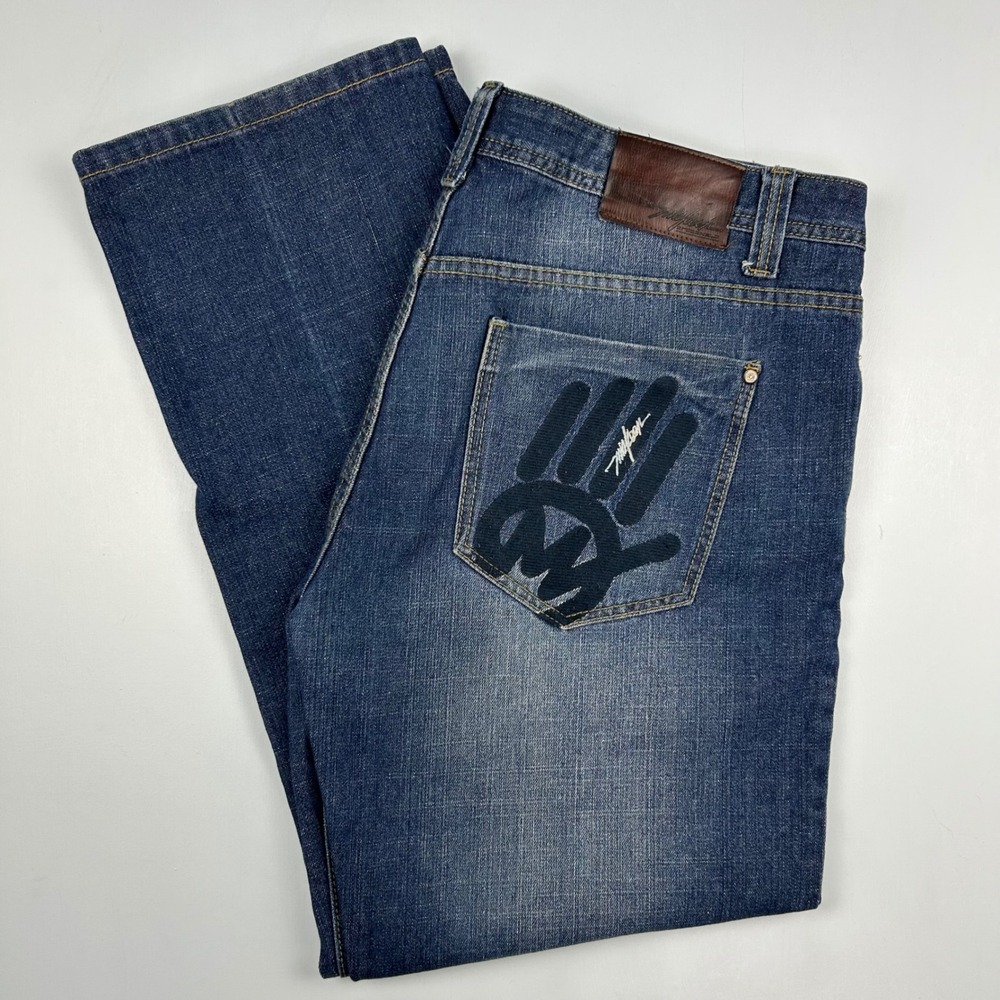 Mishka Originals Mens Straight Leg Jeans Blue Denim Graphic Pocket 38x31